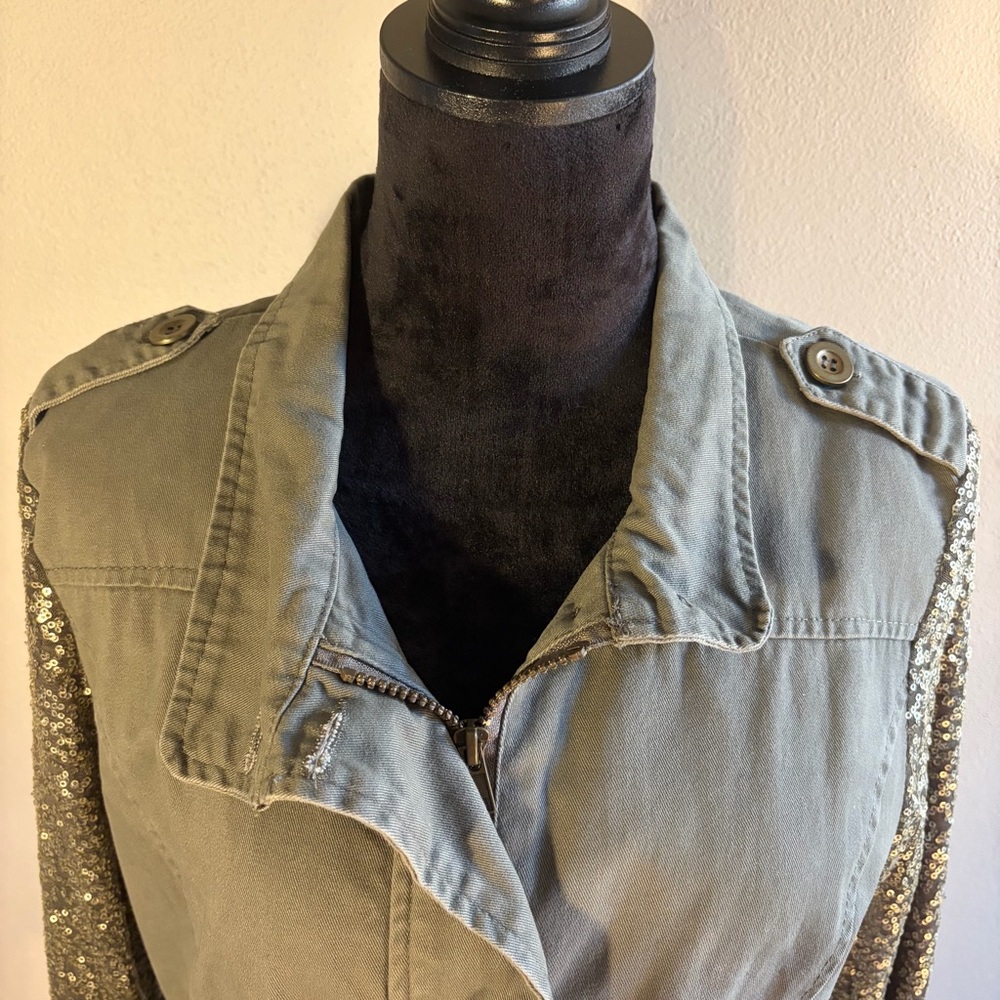 Quinn Olive Green Utility Jacket Sequin Sleeves Snap Pockets Military Anorak L - Picture 4 of 16